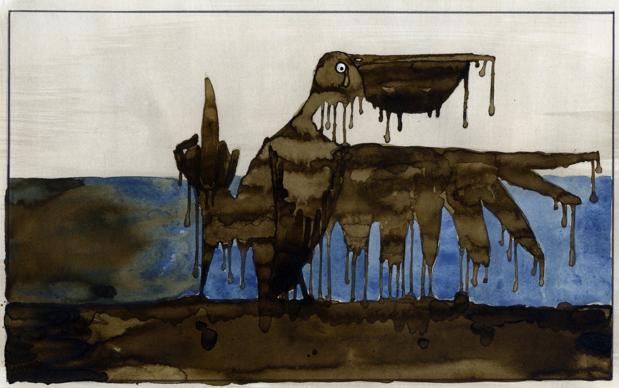 Økologisk katastrofe: en olieret fugl på en strand efter forliset af en olietanker Illustration af Alessandro Lonati af Alessandro Lonati