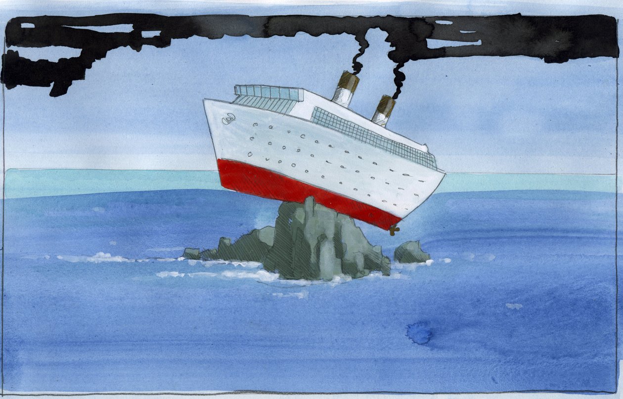 Økologi: Noahs bue som et forurenende krydstogtskib strandet på et rev Illustration af Alessandro Lonati af Alessandro Lonati