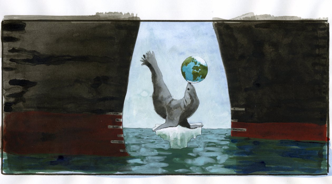Økologi og klimaopvarmning: smeltende is, en sæl, der leger med planeten på sin tryne, hviler på den sidste lille spids af isbjerget; omkring det truer skroget af olietankskibe det - allegori repræsenterer planeten i ligevægt (økologi, global advarsel, hav af Alessandro Lonati