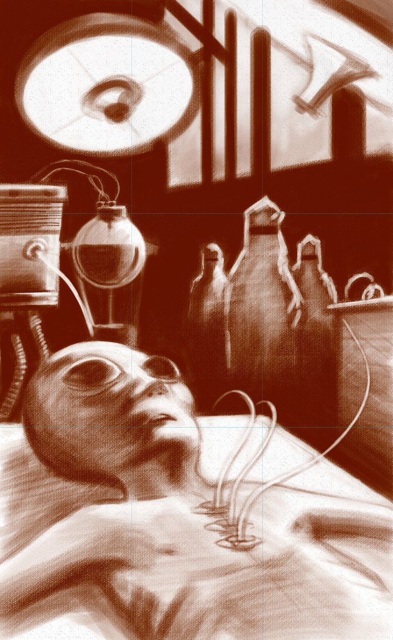 Fantastisk væsen: et rumvæsen udsat for laboratorietests. Illustration af Alesandro Lonati. 2010 af Alessandro Lonati