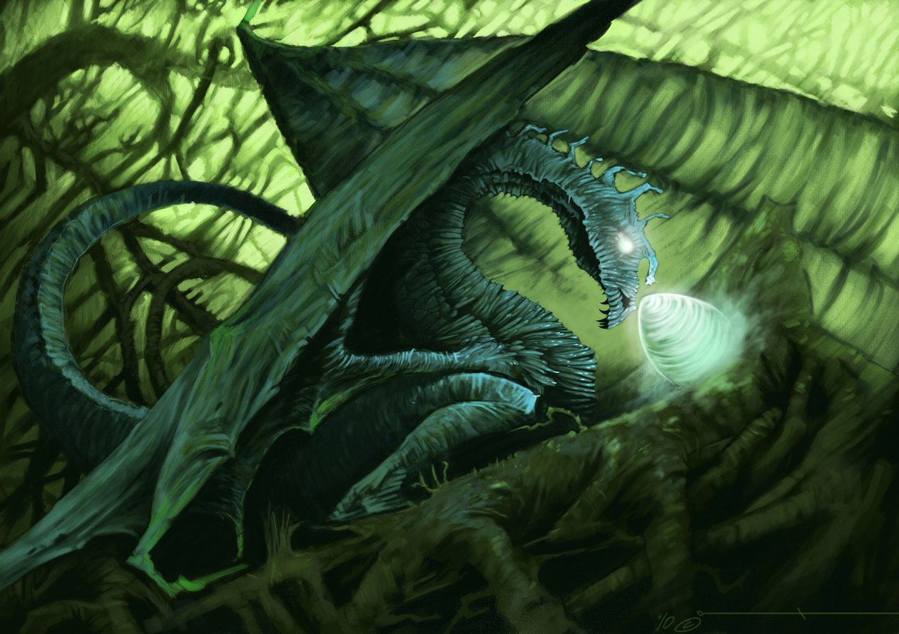 Fantastisk væsen: en drage, der beskytter sit æg. Illustration af Alesandro Lonati. 2010 af Alessandro Lonati