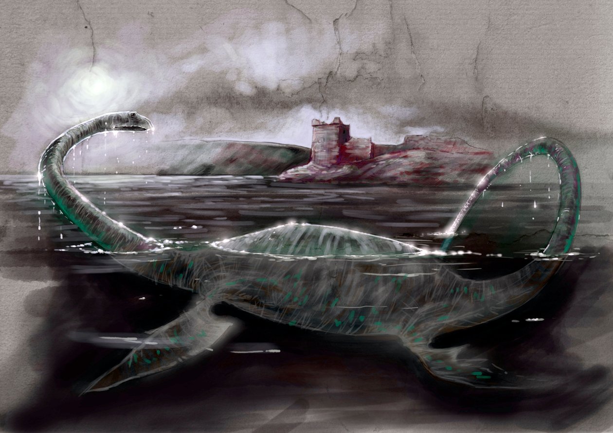 Fantastiske monstre og væsner, kryptozoologi: repræsentation af Nessie, Loch Ness-uhyret i Skotland - Tegning af Alessandro Lonati, 2012 af Alessandro Lonati