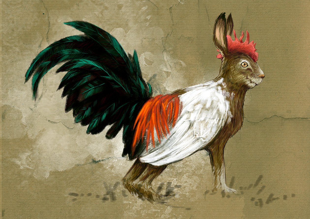 Fantastiske monstre og væsner, kryptozoologi: repræsentation af en Skvader, imaginær skabning af Sverige, halvvejs mellem en hare og en stor lynghane, den blev skabt i 1918 af taxidermist Rudolf Granberg - Tegning af Alessandro Lonati, 2012 af Alessandro Lonati