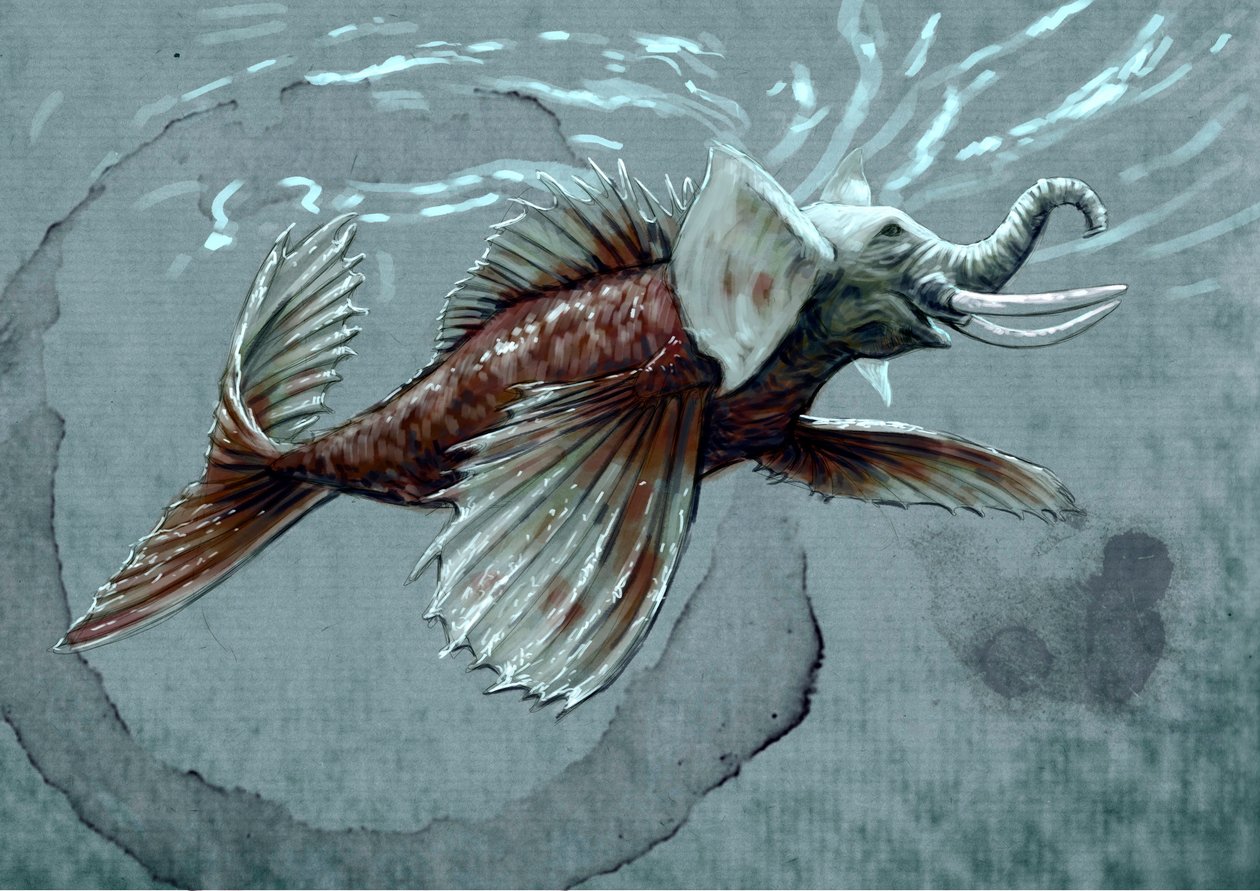 Fantastiske monstre og væsner, kryptozoologi: repræsentation af et makara, vanddyr fra Indiens mytologiske bestiarium, det har en snabel, der bringer det tættere på havelefanten, krokodillens tand og en fiskehale - Tegning af Alessandro Lon af Alessandro Lonati
