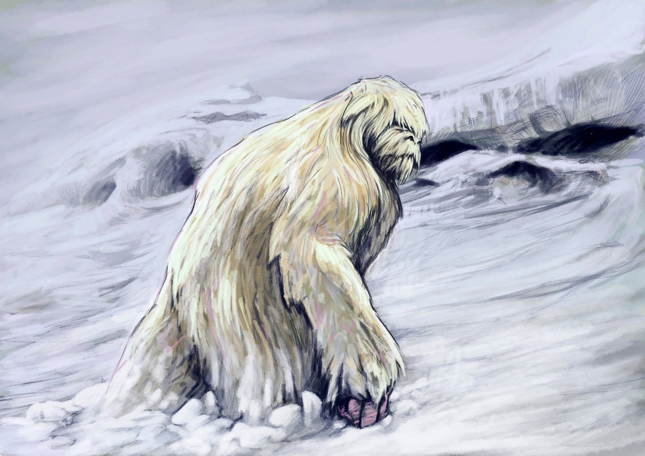 Fantastiske monstre og væsner, kryptozoologi: repræsentation af en yeti eller "afskyelig snemand" antropomorf skabning fra folkloren i Himalaya-regionen (Yeti eller afskyelige snemand er en abelignende kryptid, der siges at bebo Himalaya-regionen Ne af Alessandro Lonati
