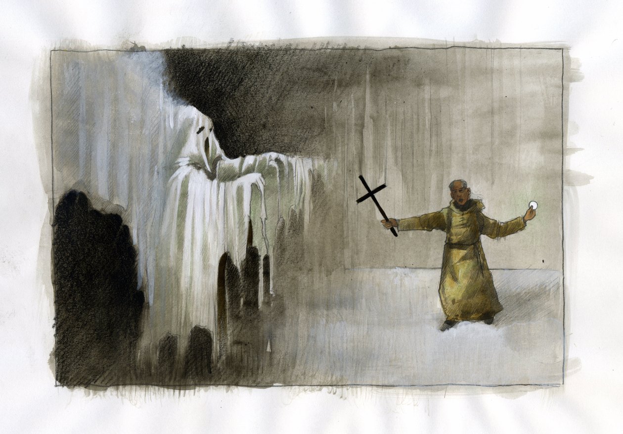 Kæmp mellem en munk, der holder et korsfik og en spøgelsesillustration af Alessandro Lonati af Alessandro Lonati