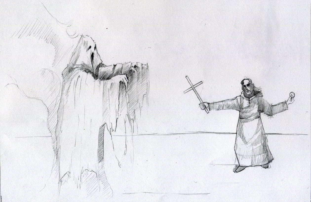 Kamp mellem en munk med et krucifiks og et spøgelse Illustration af Alessandro Lonati af Alessandro Lonati