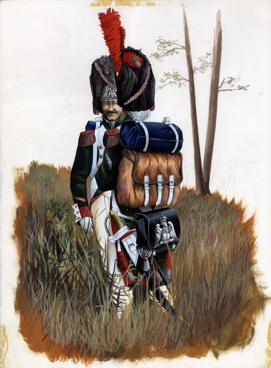 First Empire (1804-1814 og 1815): Grenadersoldater fra Royal Guard of the Great Napoleonic Armee i Italien. Tegning af Alessandro Lonati af Alessandro Lonati