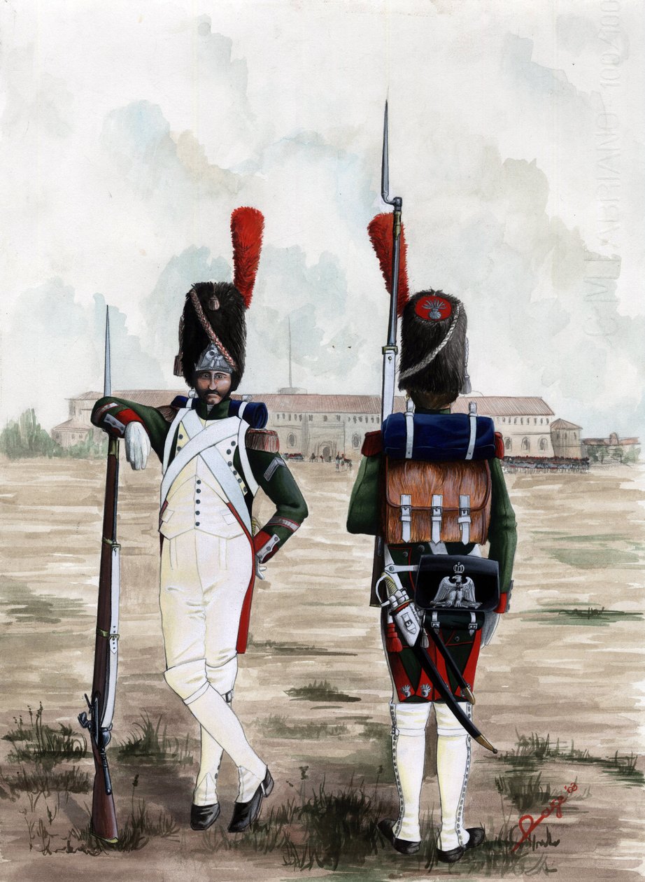 First Empire (1804-1814 og 1815): Grenadersoldater fra Royal Guard of the Great Napoleonic Armee på pladsen ved Sforzesco Castle i Milano, Italien. Tegning af Alessandro Lonati af Alessandro Lonati