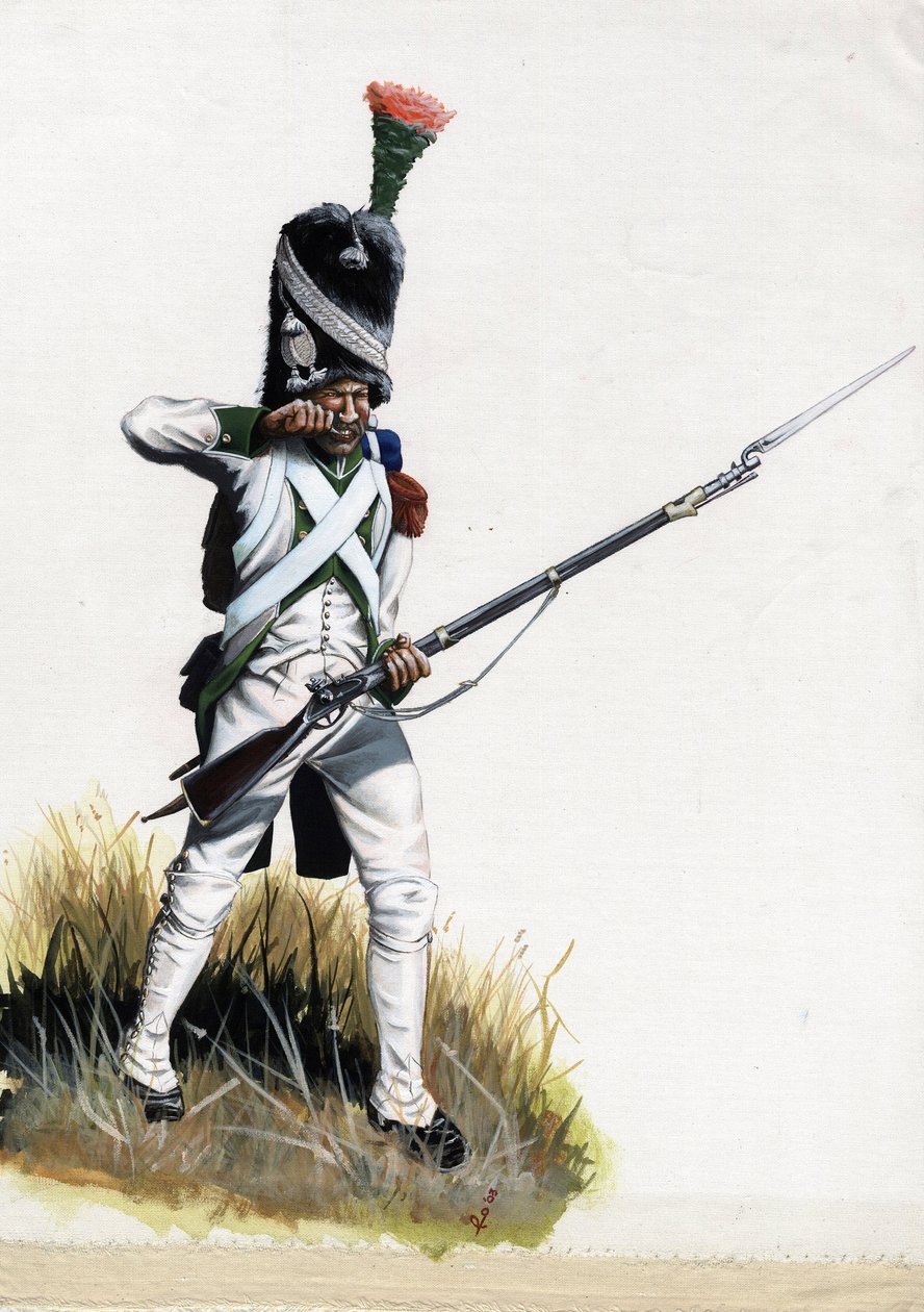 Første imperium (1804-1814 og 1815): Velite-soldat fra den store napoleonske hær i Italien åbner en patron. Tegning af Alessandro Lonati af Alessandro Lonati