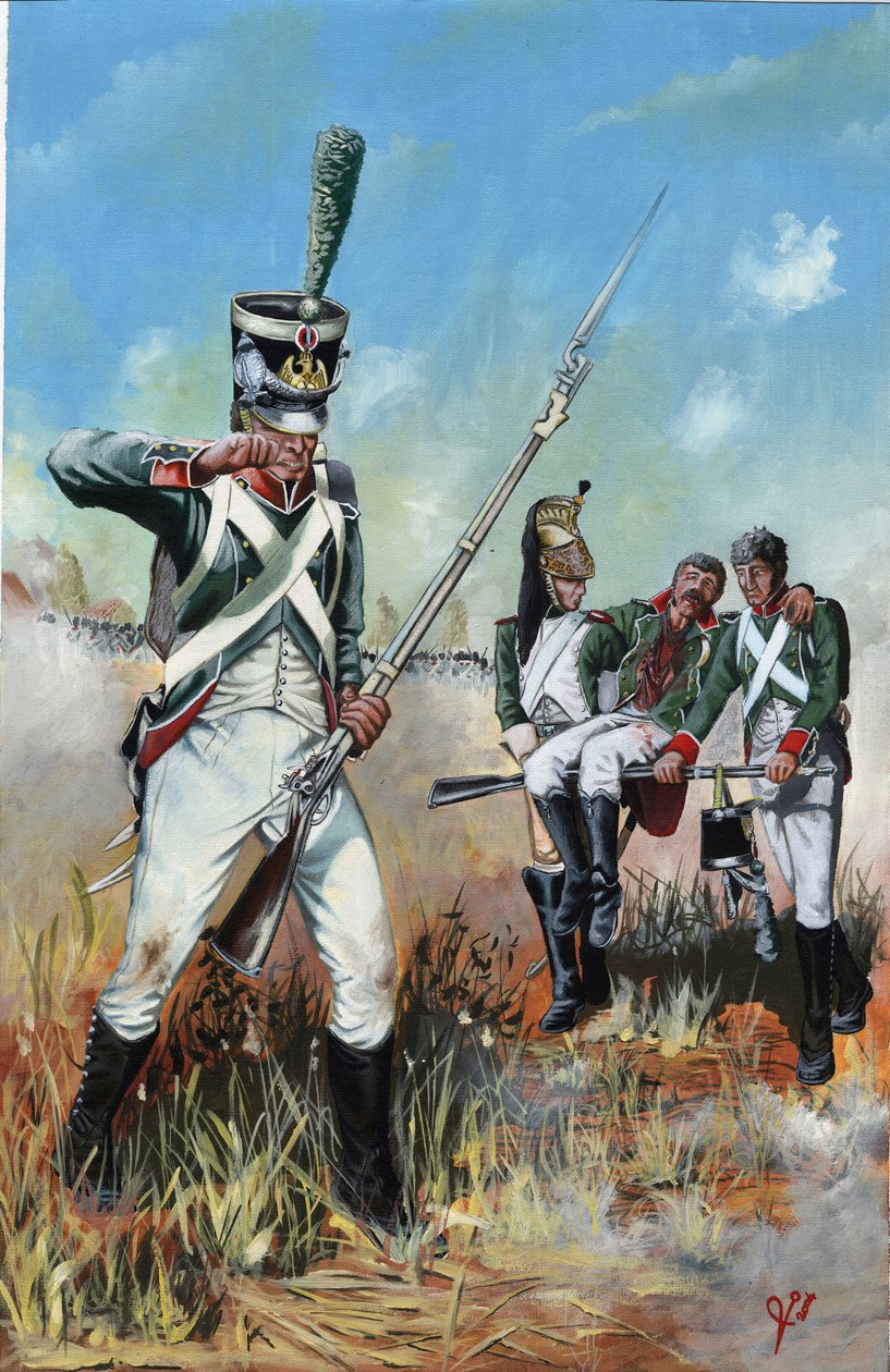 First Empire (1804-1814 og 1815): soldater fra den store napoleonske hær i Italien for at hjælpe en såret kammerat. Tegning af Alessandro Lonati af Alessandro Lonati