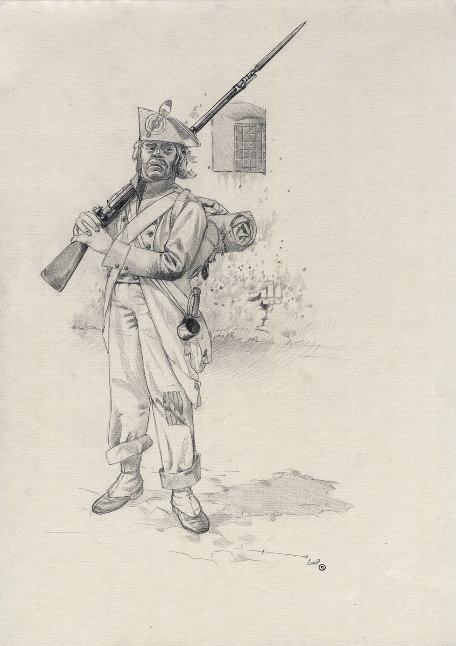 First Empire (1804-1814 eller 1815): soldat fra Napoleons hær, infanteristsoldat fra en brigade af ryttere i et fort. Tegning af Alessandro Lonati af Alessandro Lonati
