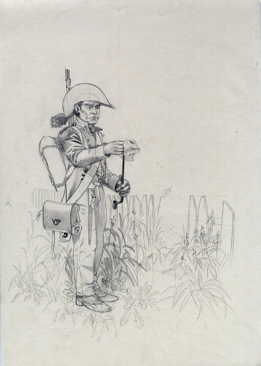 First Empire (1804-1814 eller 1815): soldat fra Napoleons hær, soldat infanterist jæger (infanterejæger). Tegning af Alessandro Lonati af Alessandro Lonati