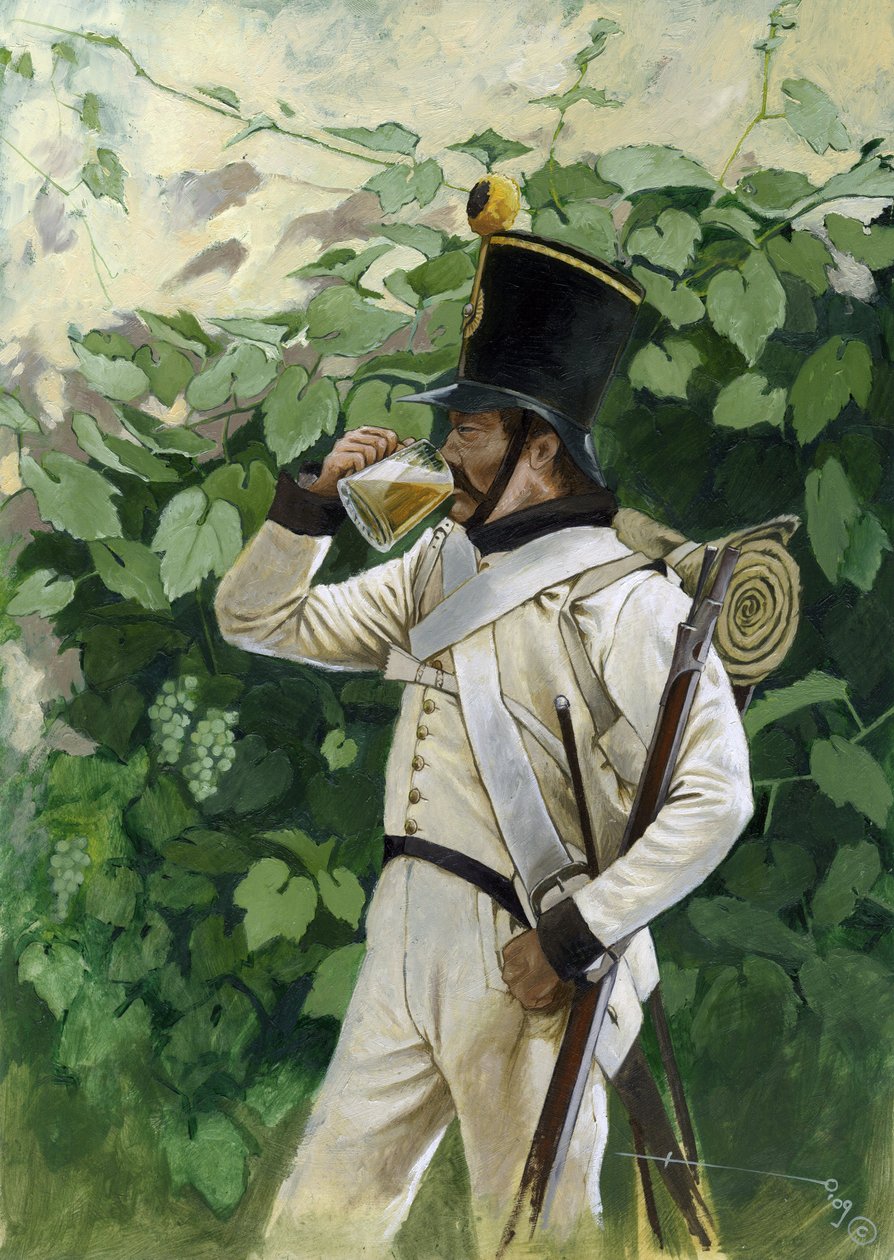 First Empire: Østrigsk linjeinfanteriofficer drikker et ølkrus. Tegning af Alessandro Lonati af Alessandro Lonati