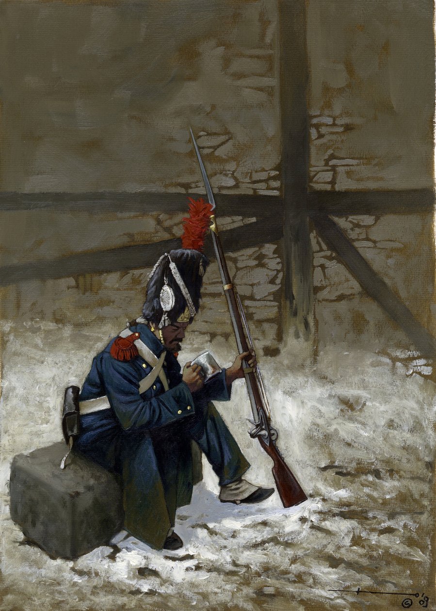 First Empire: Vagtgrenadier i frakke, der sidder i sneen. Tegning af Alessandro Lonati af Alessandro Lonati