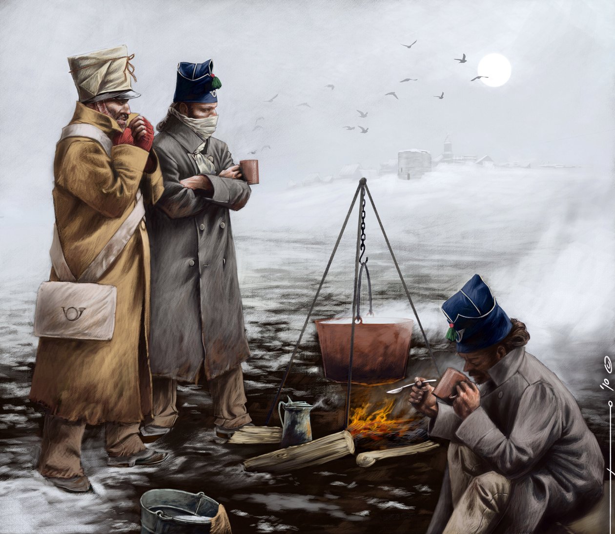 First Empire: Lette infanterisoldater, der opvarmer sig selv omkring et bål eller koger gryden under et felttog af Napoleon I (sandsynligvis i Rusland) Begyndelsen af det 19. århundrede. Illustration af Alesandro Lonati. 2010 af Alessandro Lonati