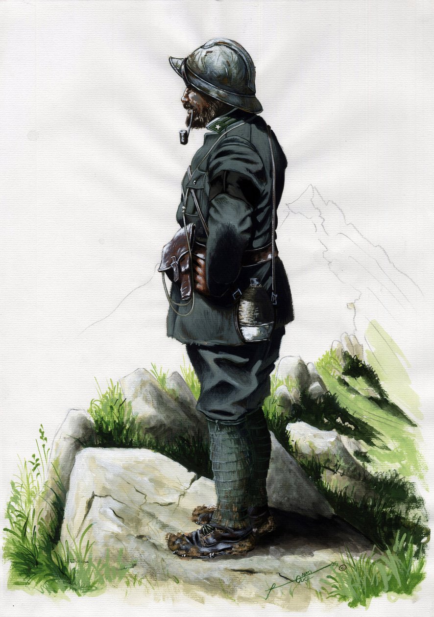 Første Verdenskrig 1914-1918: Alpine jægerofficer (alpine jæger) fra den italienske hær på Front des Alpes. Tegning af Alessandro Lonati af Alessandro Lonati