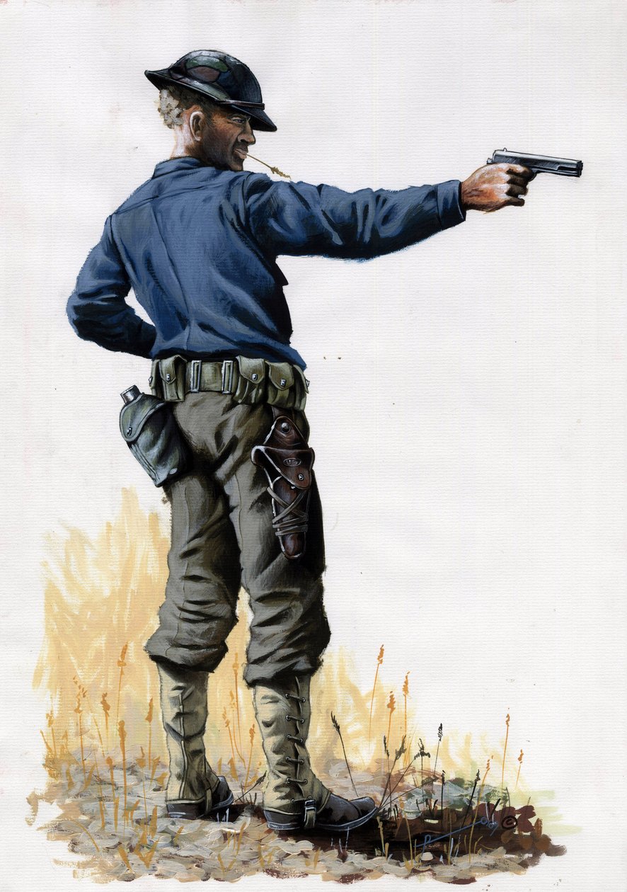 Første Verdenskrig 1914-1918: Amerikansk hær infanterist med en pistol i 1917 på vestfronten. Tegning af Alessandro Lonati af Alessandro Lonati