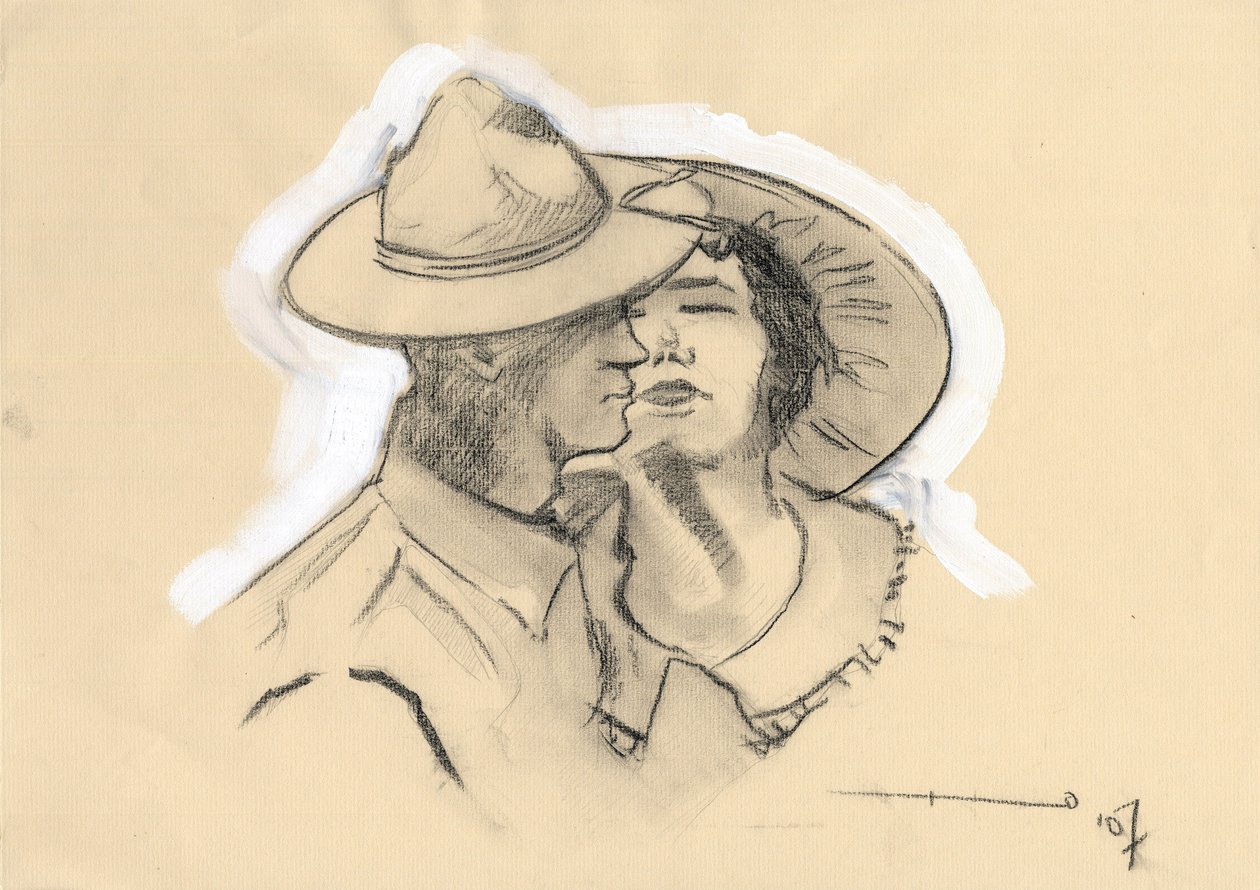 Første Verdenskrig 1914-1918: GI eller GI fra den amerikanske hær forlod sin forlovede for at gå i kamp. Tegning af Alessandro Lonati af Alessandro Lonati