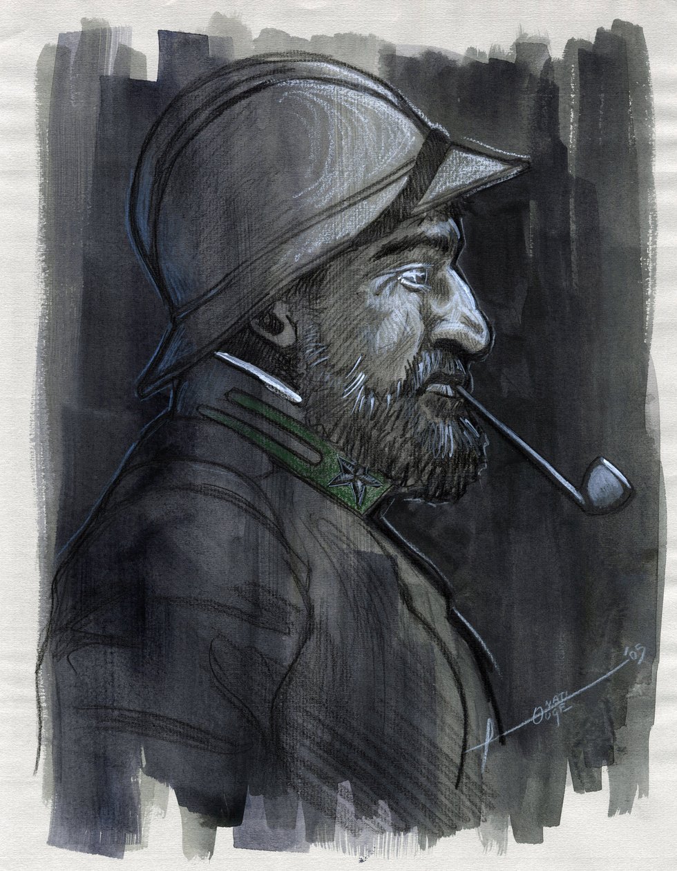 Første Verdenskrig 1914-1918: Profilportræt af en soldat fra den italienske hær, der røg pibe i 1915. Tegning af Alessandro Lonati af Alessandro Lonati