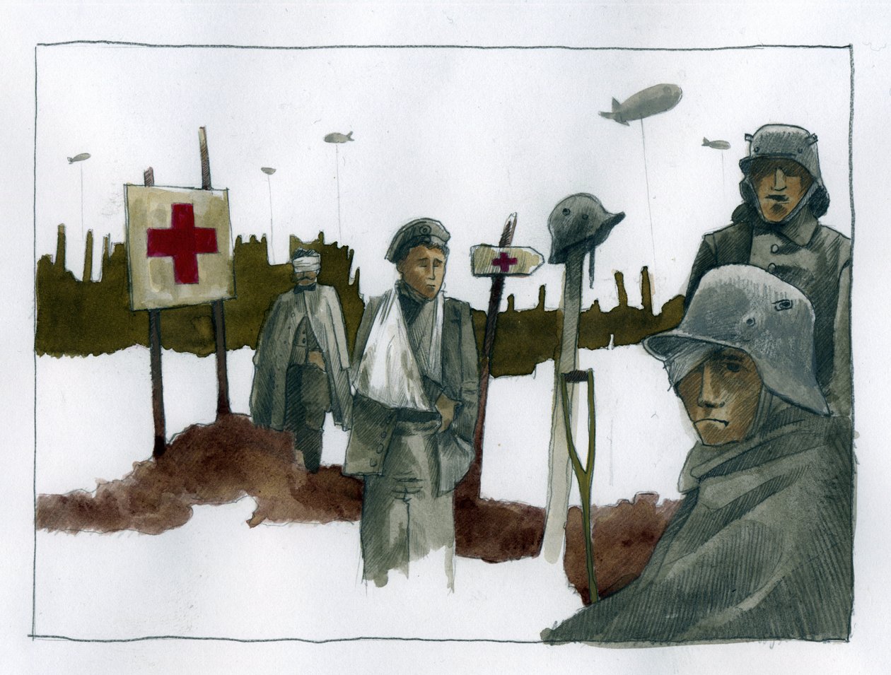 Første Verdenskrig: Gules-cases og krigssårede ved Røde Kors-redningsposten - 1914-1918 Illustration af Alessandro Lonati af Alessandro Lonati