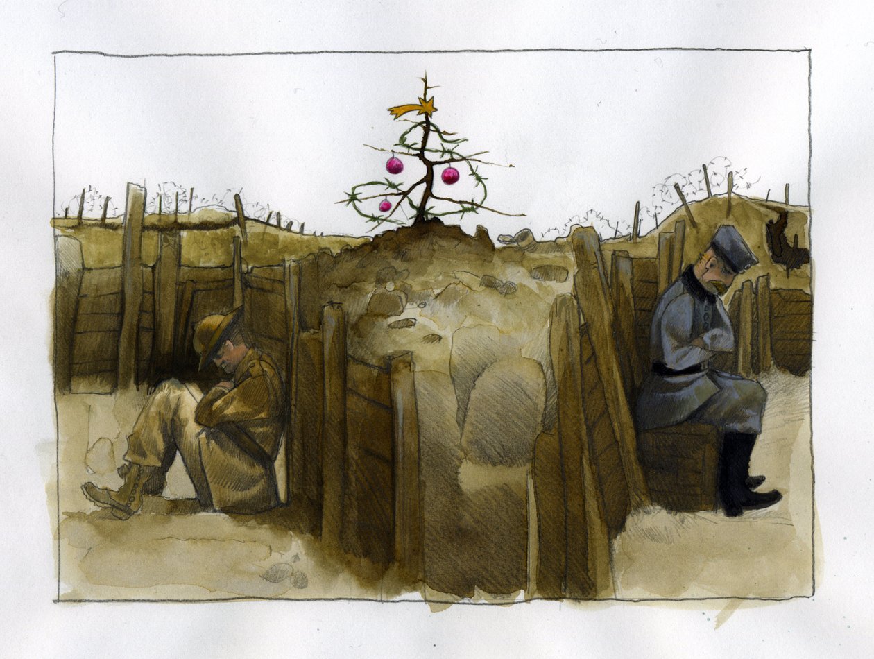 Første Verdenskrig: to fjendtlige soldaters ensomhed, britiske (venstre) og tyske i skyttegraven, ved juletid 1914-1918 Illustration af Alessandro Lonati af Alessandro Lonati