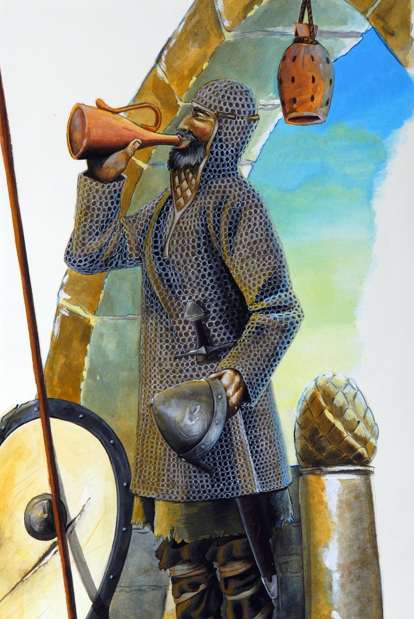 Første korstog: en trane i hvile, udstyret med sin frakke af mesh, drikker karaflen, hans skjold og hans spyd er placeret i nærheden af ham. Illustration af Alessandro Lonati af Alessandro Lonati