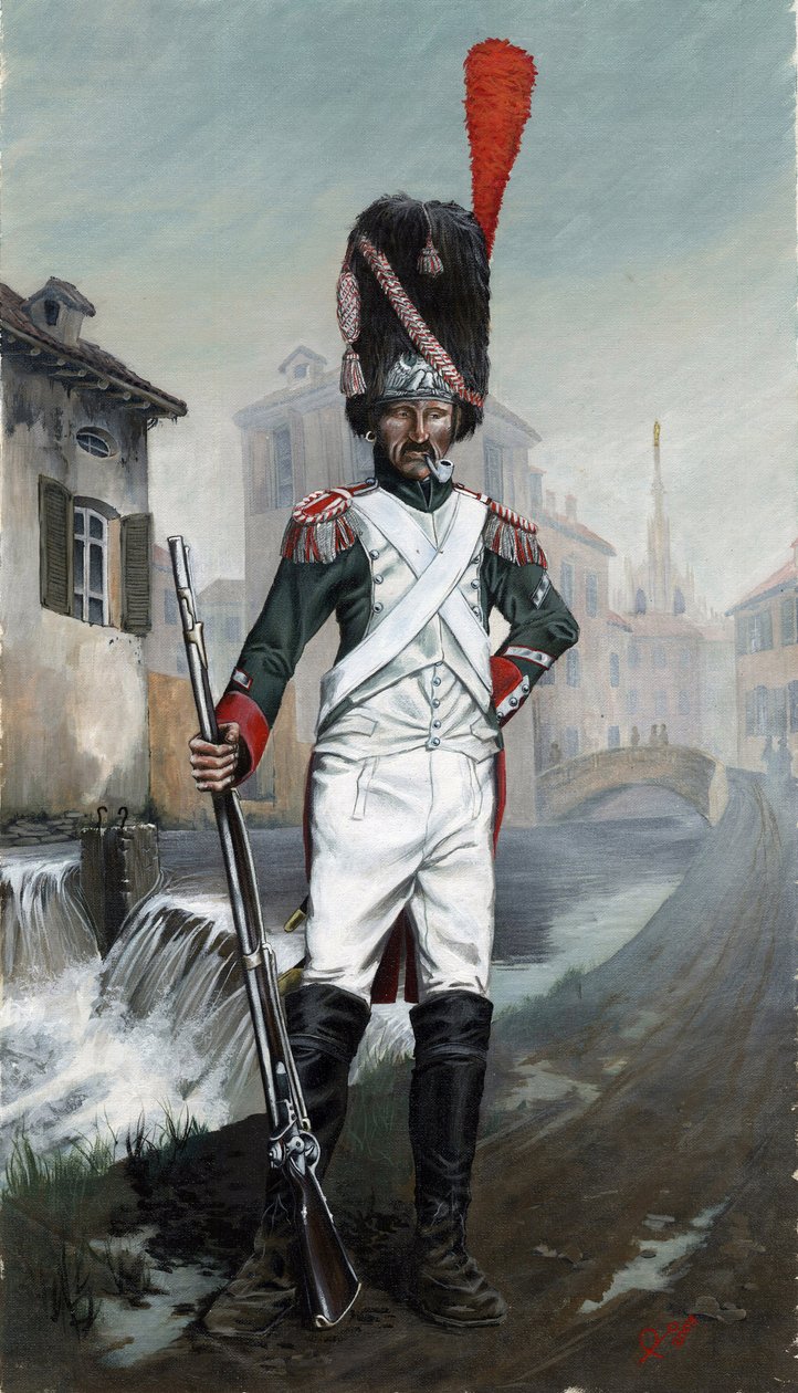 Første imperium (1804-1814 og 1815): Italienske grenadersoldater nær Milanos kanal med katedralen i baggrunden. Tegning af Alessandro Lonati af Alessandro Lonati
