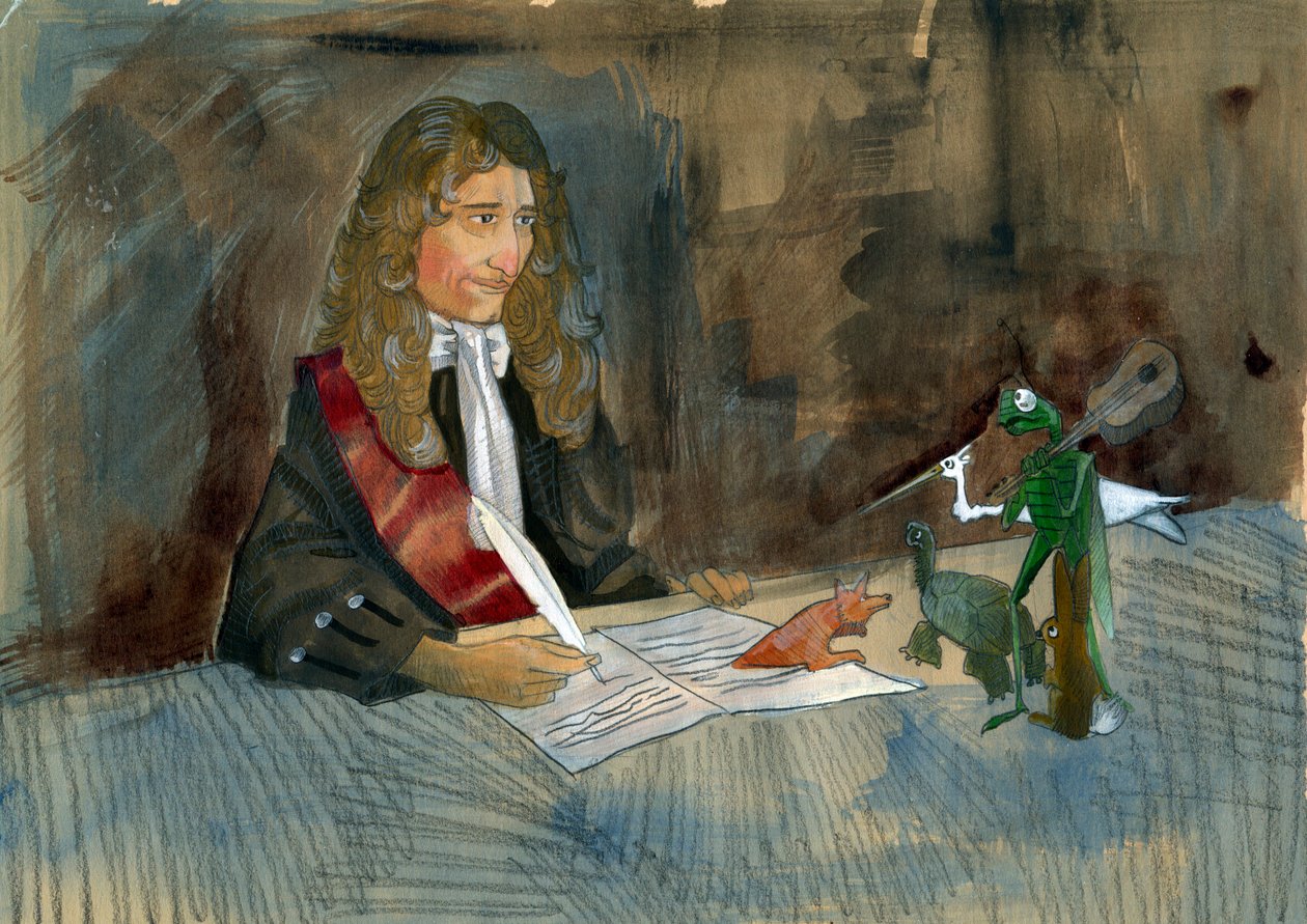 Den franske forfatter Jean de la Fontaine ser på sine karakterer af sine fabler Illustration af Alessandro Lonati af Alessandro Lonati
