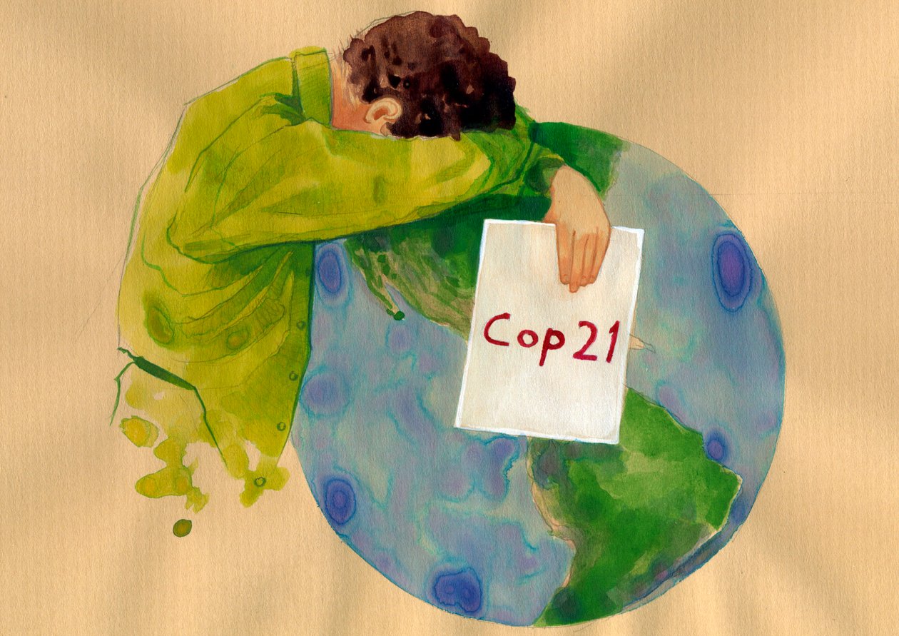 Future of the Earth, en grædende mand, der holder politiskiltet 21 (2015 United Nations Climate Change Conference) i Paris, som skulle finde løsninger på global opvarmning og forurening) Illustration af Alessandro Lonati af Alessandro Lonati