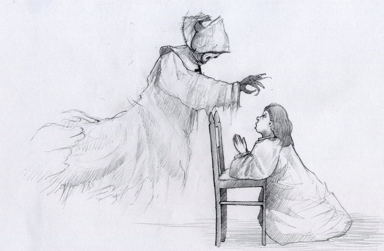 Spøgelse af en ældre nonne med skæve hænder viser sig for en lille pige, der beder Illustration af Alessandro Lonati af Alessandro Lonati