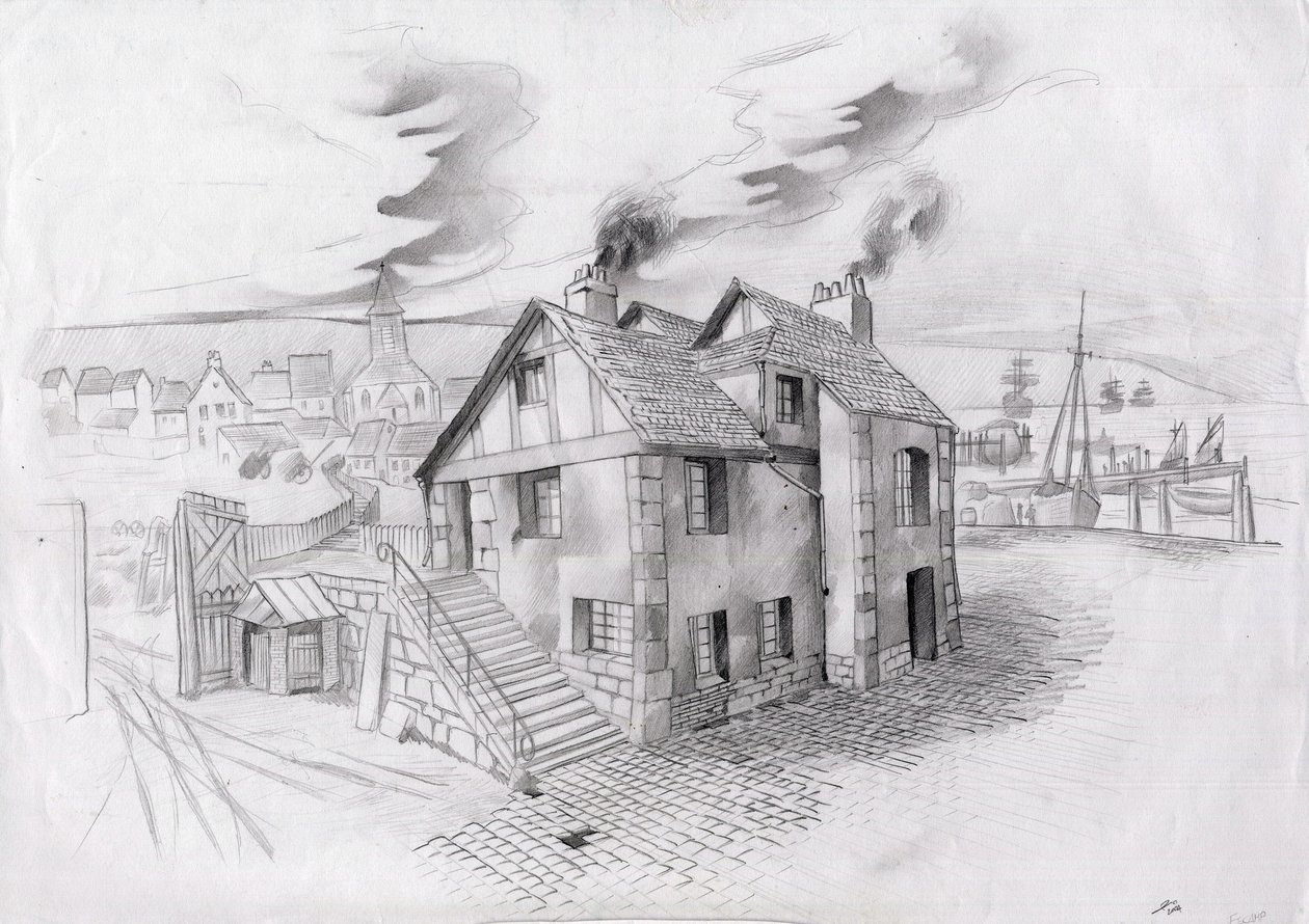 Hus i en landsby nær en havn i Frankrig i det 19. århundrede. af Alessandro Lonati