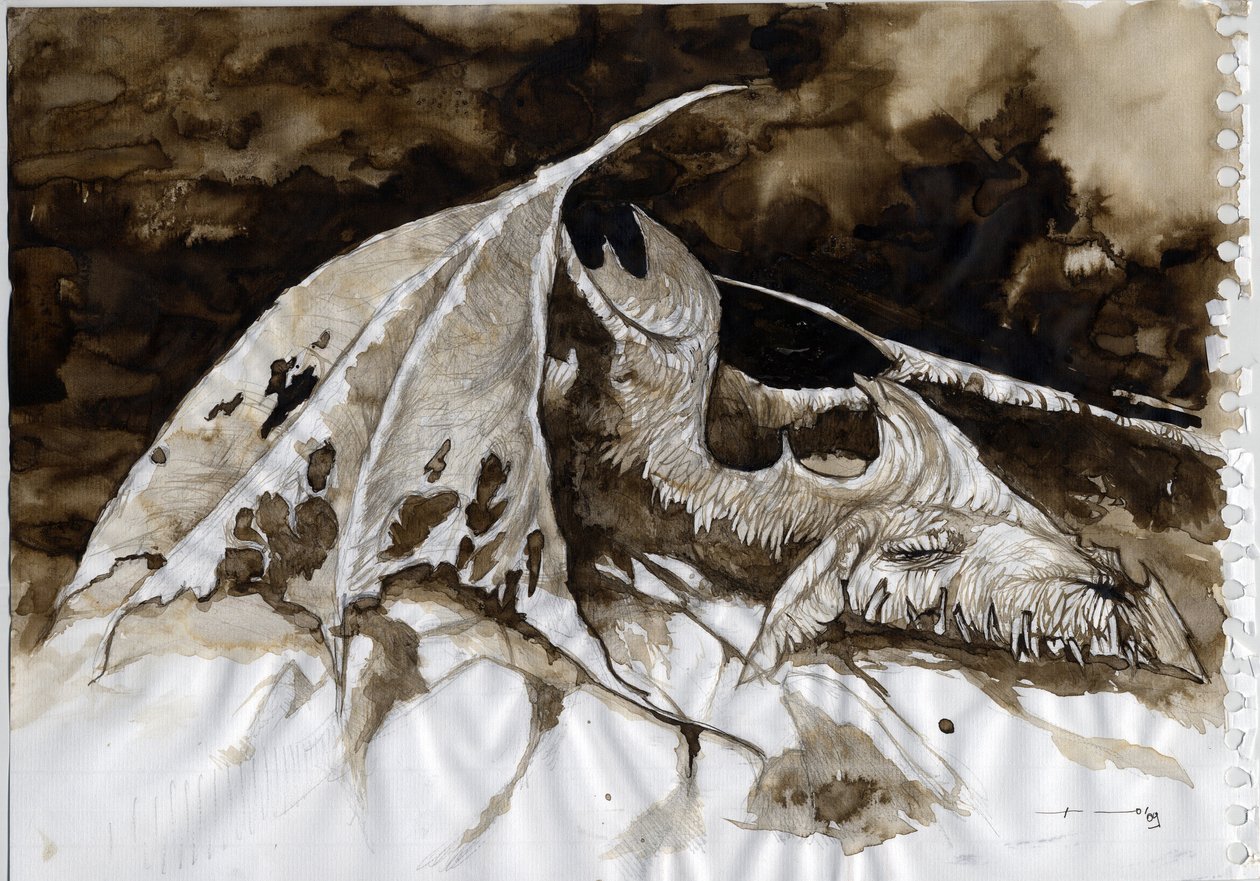 Illustration af et fantastisk og legendarisk dyr: dødt dragekrop. Farvetegning af Alessandro Lonati. af Alessandro Lonati
