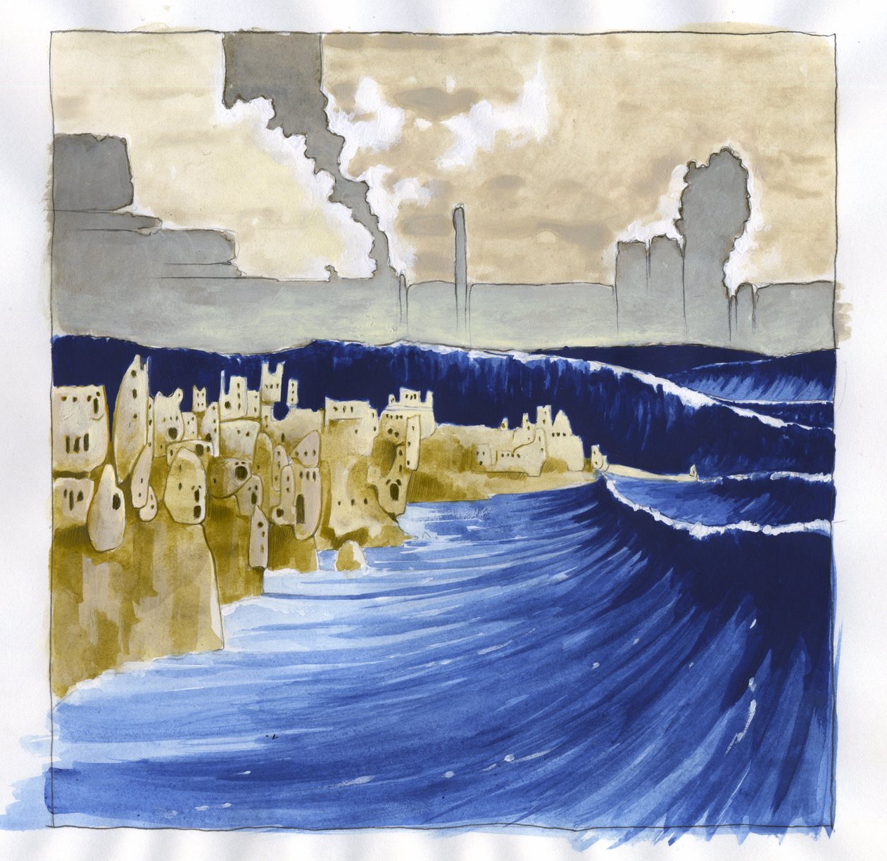 Illustration af myten om øen forsvundet under Atlantishavet (Atlantis): udsigt over det urolige hav efter vulkanudbruddet, der oversvømmede den legendariske ø. Farvetegning af Alessandro Lonati. af Alessandro Lonati