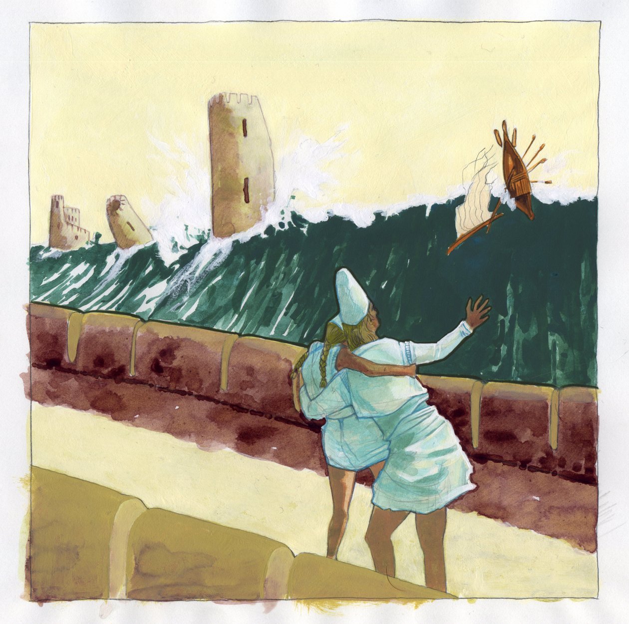 Illustration af myten om øen forsvundet under Atlantishavet (Atlantis): udsigt over tsunamien, der oversvømmer den græske by på den legendariske ø. Farvetegning af Alessandro Lonati. af Alessandro Lonati