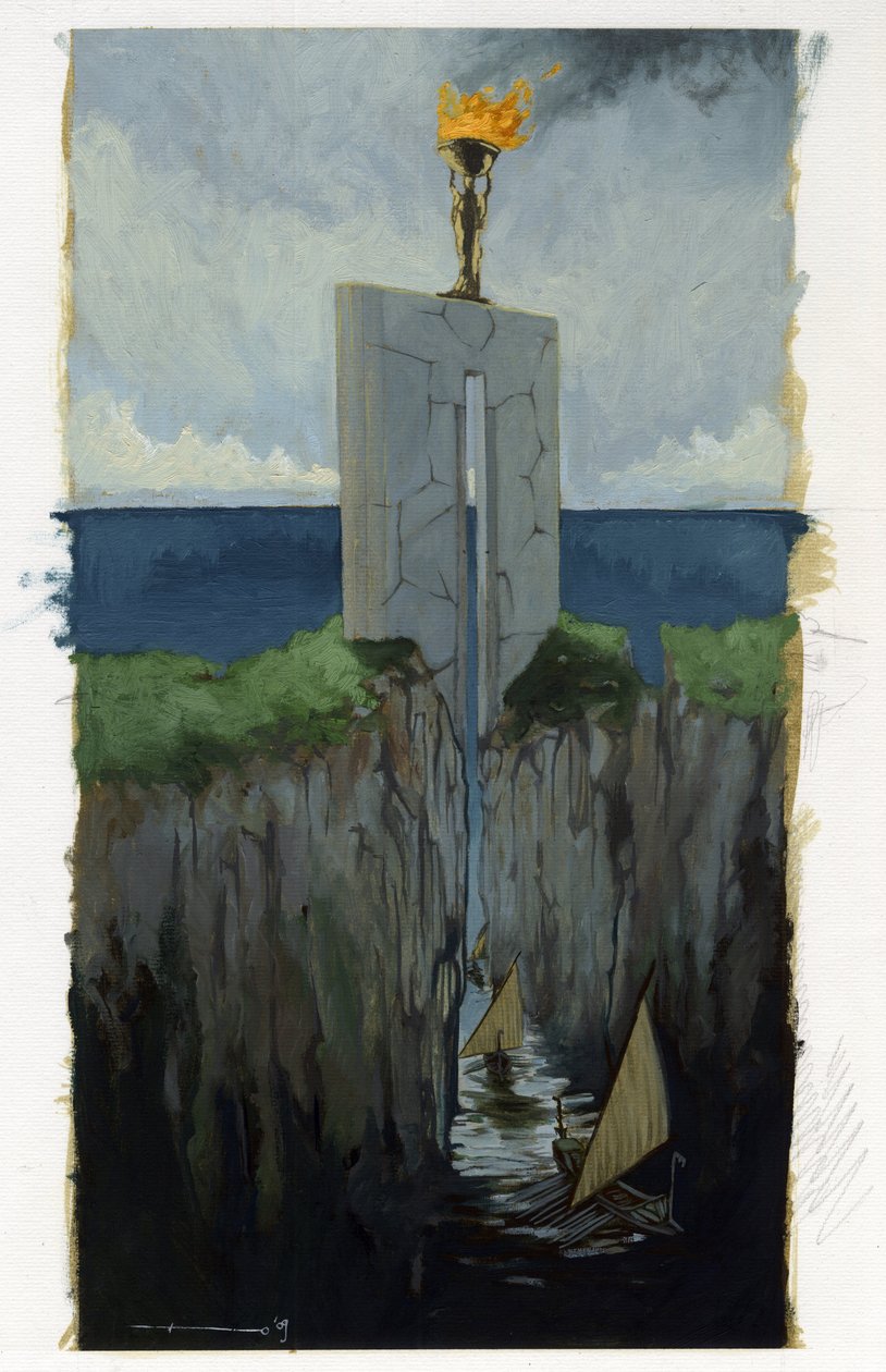 Illustration af myten om øen forsvandt under Atlantishavet (Atlantis): porten til den græske by på den legendariske ø før dens forsvinden. Bådene passerer mellem to klipper. Farvetegning af Alessandro Lonati. af Alessandro Lonati
