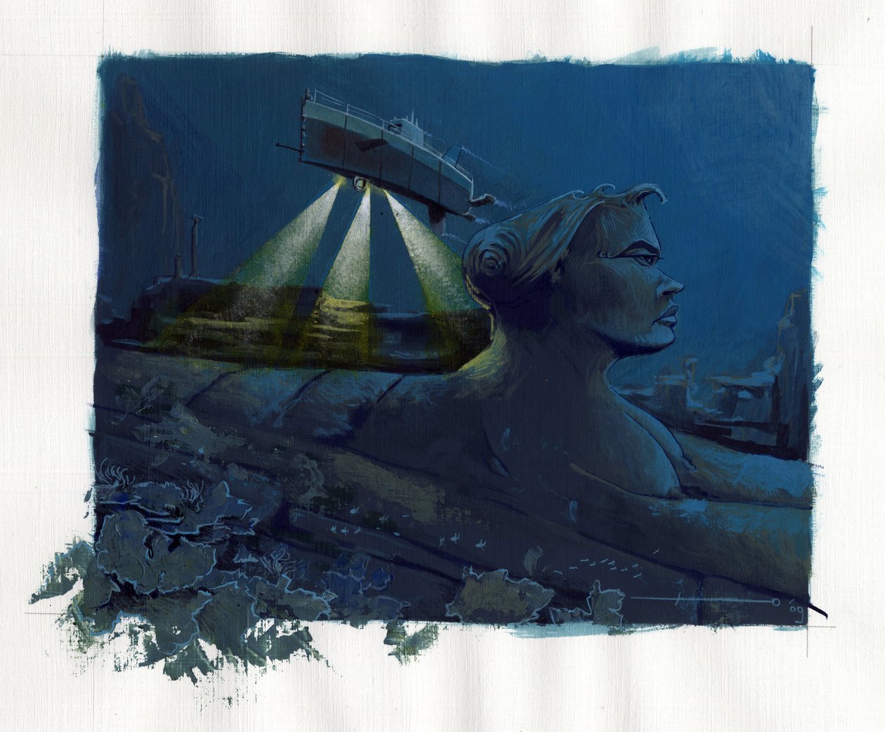 Illustration af myten om øen forsvandt under Atlantishavet (Atlantis): en ubåd (ubåd) udforsker bunden og opdager ruinerne af den legendariske ø. Farvetegning af Alessandro Lonati. af Alessandro Lonati