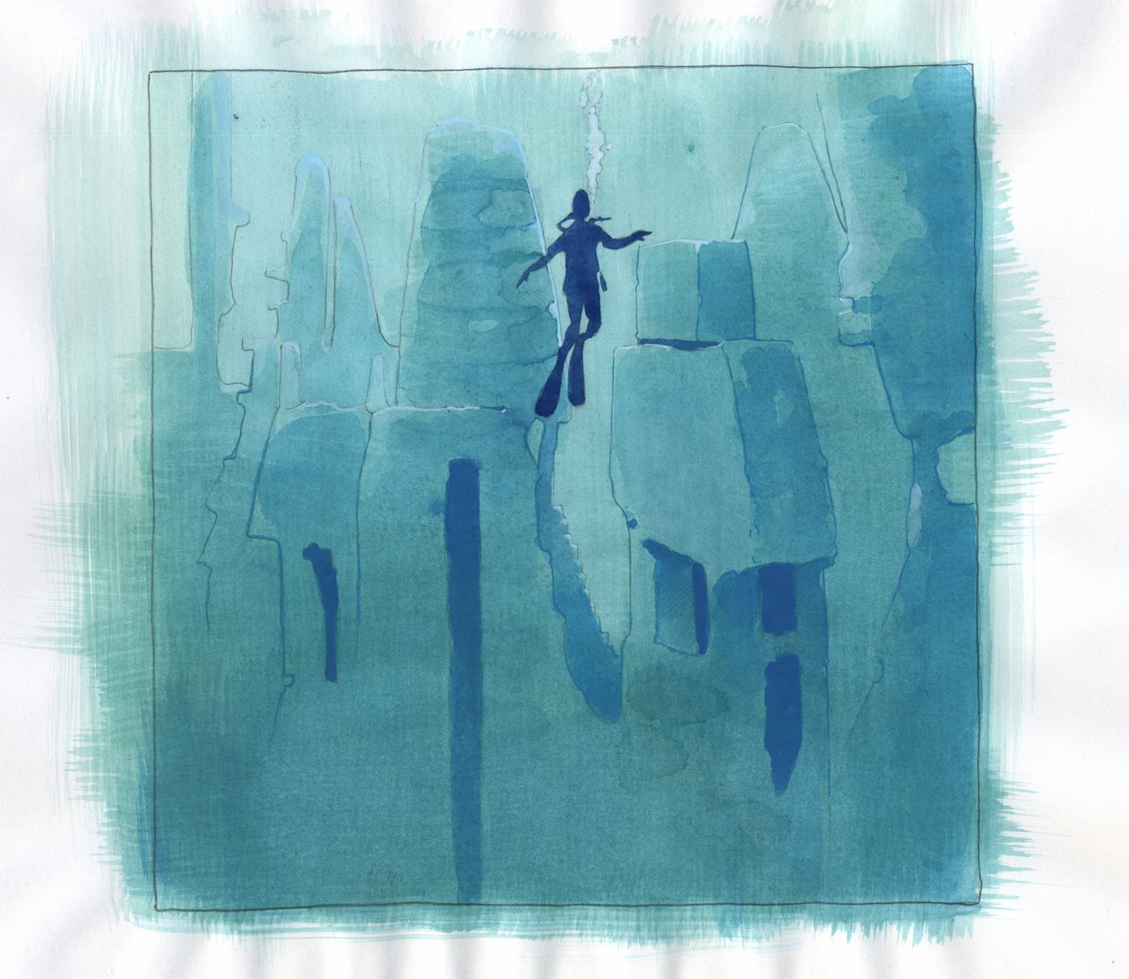 Illustration af myten om øen forsvandt under Atlantishavet: ruinerne af den legendariske ø i havets dyb. Farvetegning af Alessandro Lonati. af Alessandro Lonati