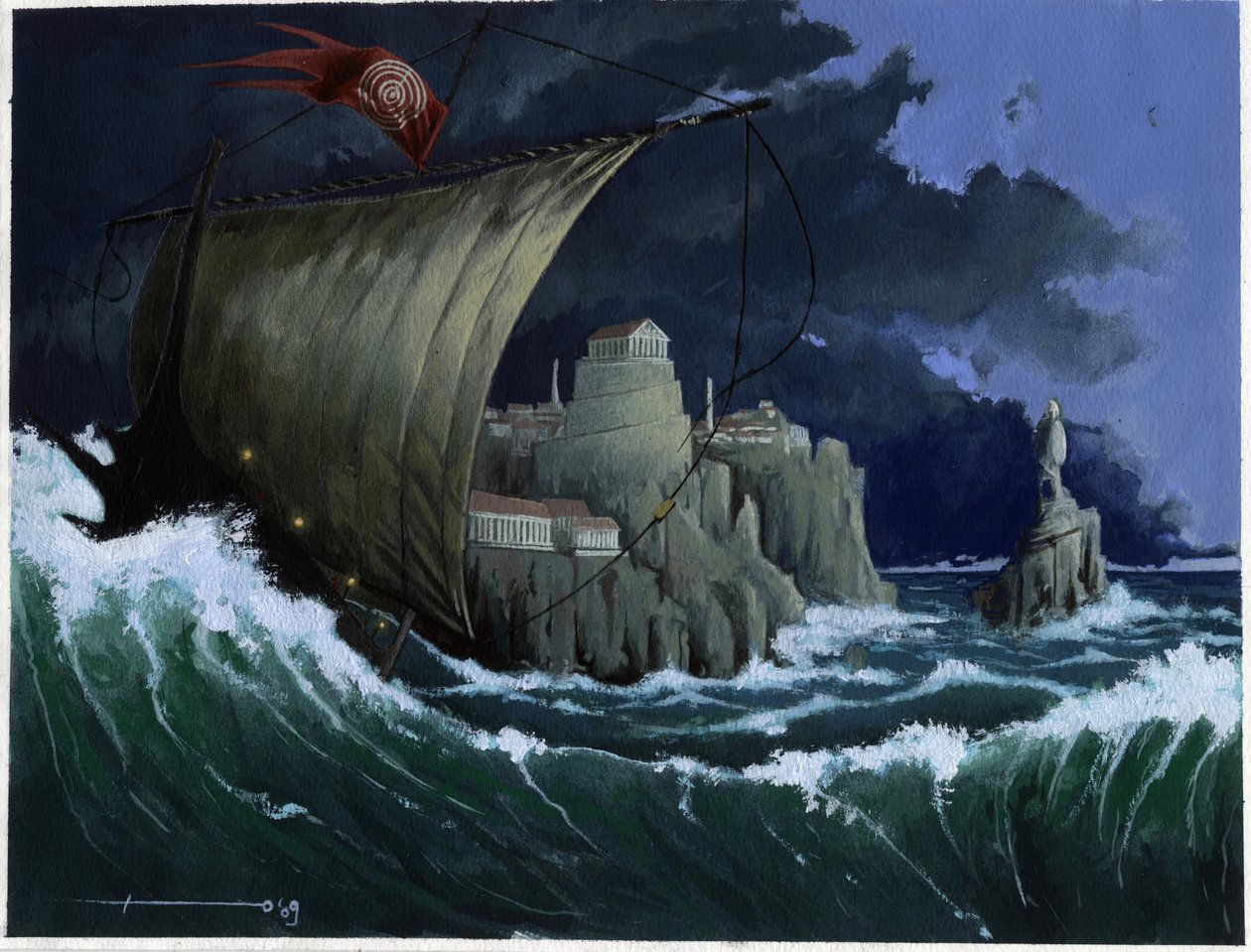 Illustration af myten om øen forsvundet under Atlantishavet: udsigt over den græske by på den legendariske ø før dens forsvinden. Farvetegning af Alessandro Lonati. af Alessandro Lonati