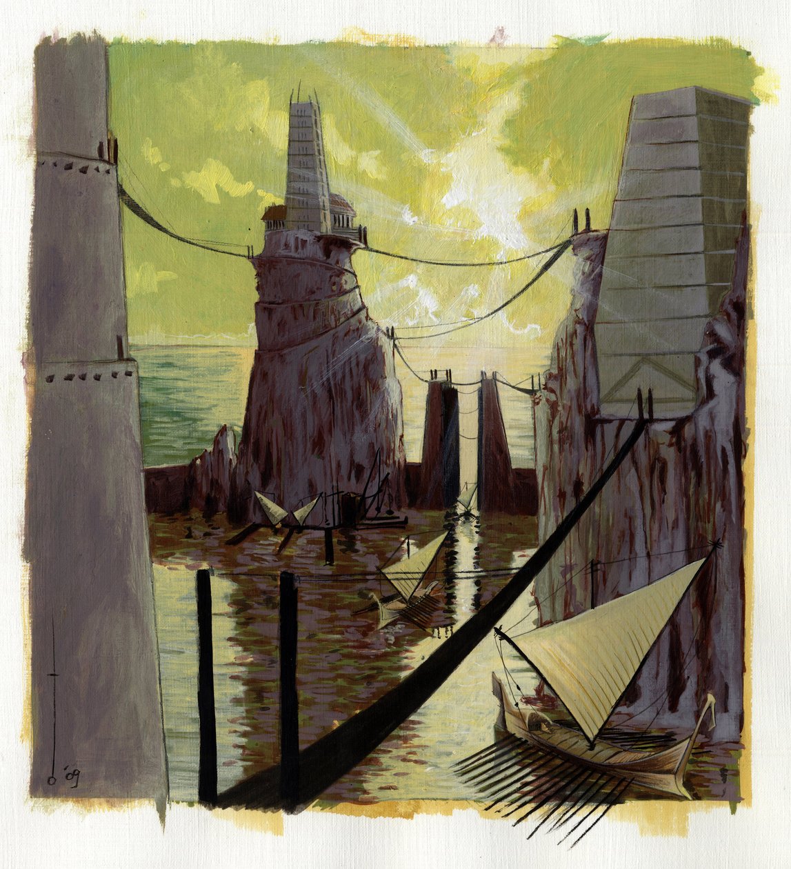 Illustration af myten om øen forsvundet under Atlantishavet: udsigt over den græske by på den legendariske ø før dens forsvinden. Farvetegning af Alessandro Lonati. af Alessandro Lonati