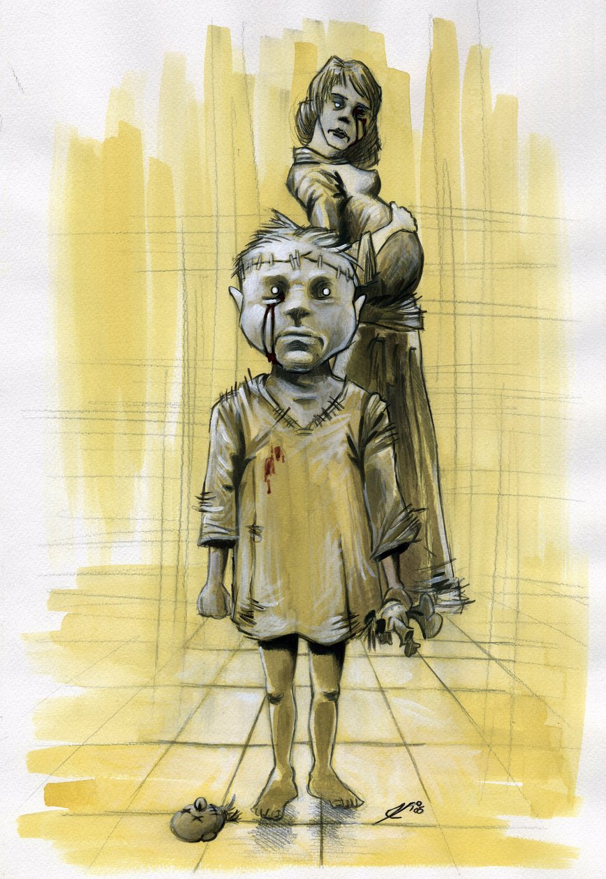 Illustration science fiction: zombier (spektrum) eller spøgelsesånder, der fremkalder mareridtet, viser et barn med sit kranium syet med en halshugget dukke og i baggrunden en gravid mor. Hun ser også ud til at have været ude for en ulykke. Tegning af Ales af Alessandro Lonati