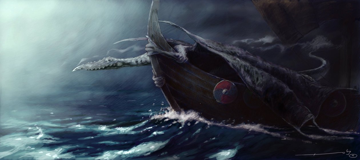 Legendary Creature: Dragon Attacking a Drakkar (Viking Boat) Tegning af Alessandro Lonati af Alessandro Lonati