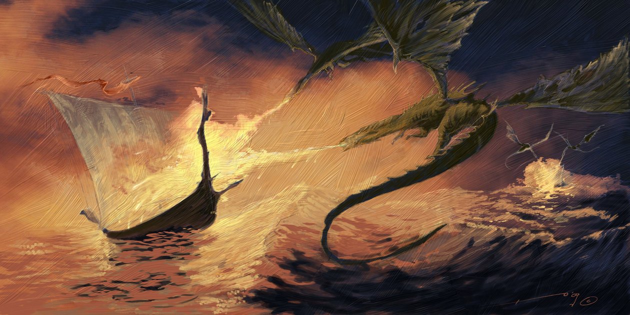 Legendary Creature: Dragon Attacking a Drakkar (Viking Boat) Tegning af Alessandro Lonati af Alessandro Lonati