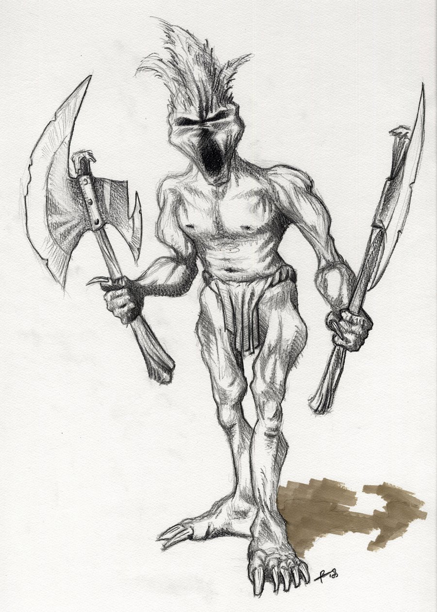 Legendarisk monster til Fantasy Illustration: troldekriger med økser. Tegning af Alessandro Lonati af Alessandro Lonati