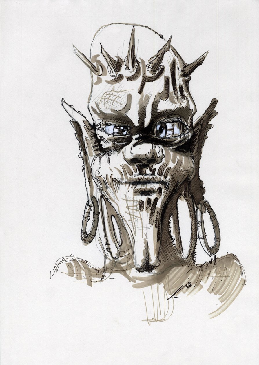 Legendarisk monster til Fantasy-illustration: ansigt af et stammevæsen eller trold. Tegning af Alessandro Lonati af Alessandro Lonati