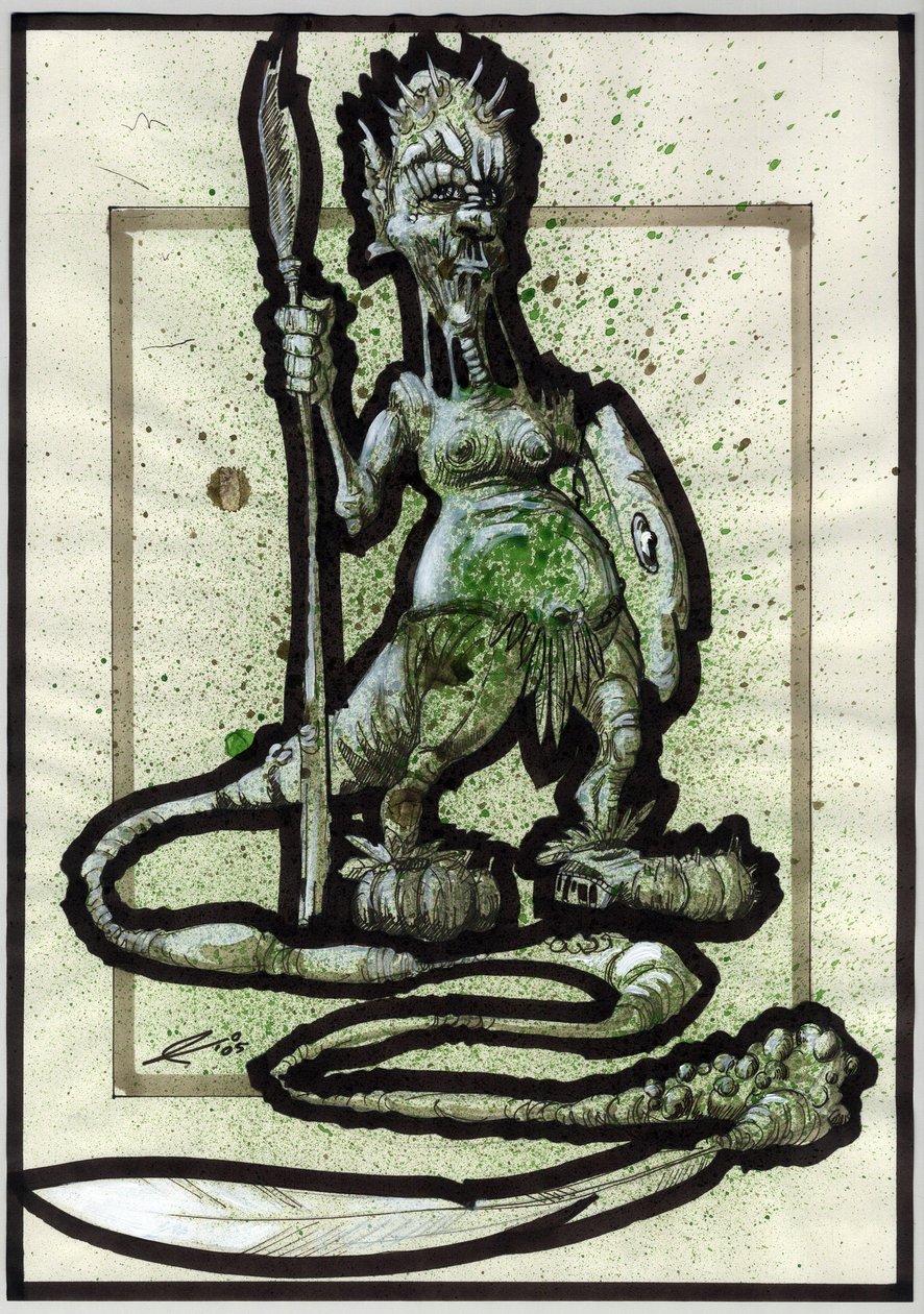 Legendarisk monster til Fantasy-illustration: ansigt af et stammevæsen eller kriger med spyd, skjold og fjerhale. Tegning af Alessandro Lonati af Alessandro Lonati