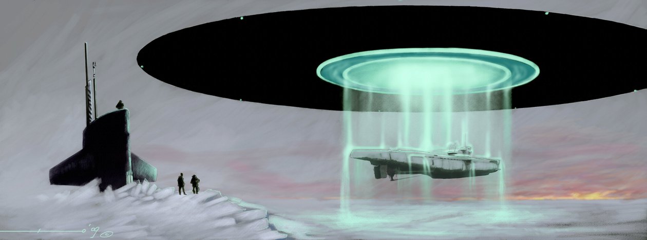 Møde på Nordpolen mellem en u-støvle-ubåd og en flyvende tallerken (UFO, UFO eller rumvæsen) til tilbagelevering af en ubåd taget af rumvæsner under krigen. Tegning af Alessandro Lonati af Alessandro Lonati