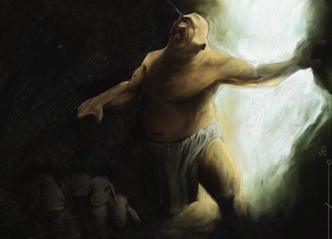 Odyssee af Homere: Cyclops Polypheme er blind af Ulysses i sin hule. Illustration af Alessandro Lonati. 2010 af Alessandro Lonati