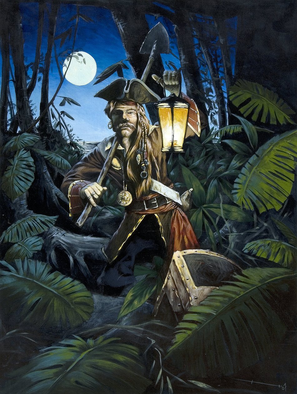 Pirate of the Caribbean med lanterne, om natten, gemmer sin skat i skoven på en ø. Farvetegning af Alessandro Lonati. af Alessandro Lonati