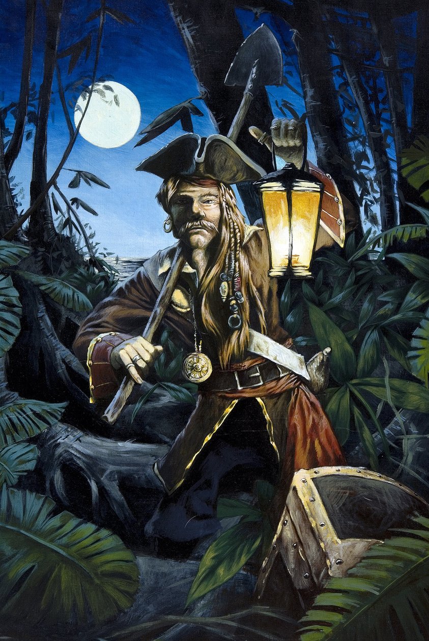Pirate of the Caribbean med lanterne, om natten, gemmer sin skat i skoven på en ø. Farvetegning af Alessandro Lonati. af Alessandro Lonati